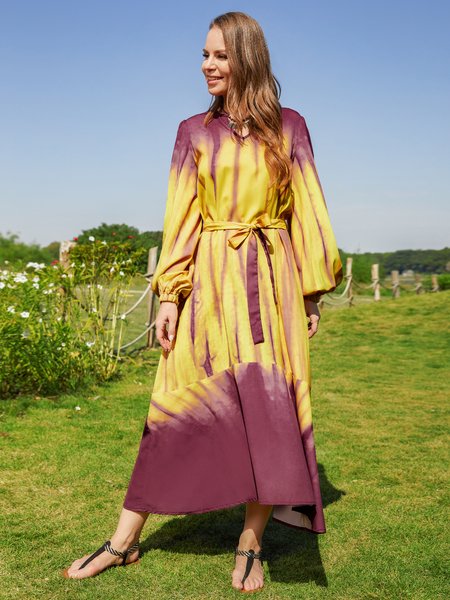 

Long Sleeve Casual Swing Dresses, Yellow, Tie dye dress