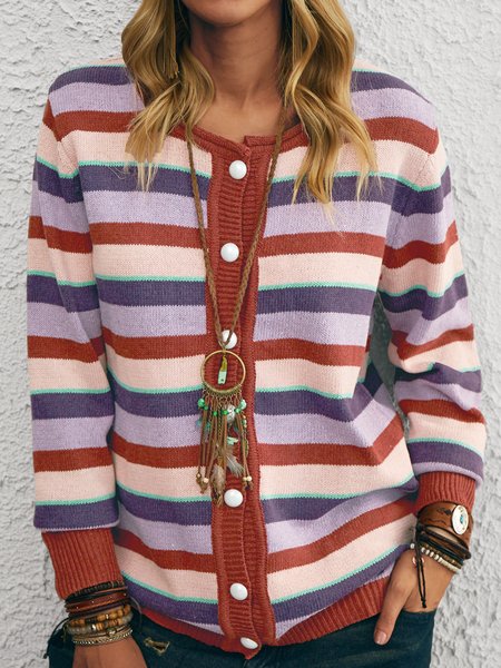 

Plus size Striped Casual Long Sleeve Outerwear, Purple, Cardigans