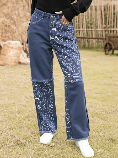 

Casual Vintage Graffiti Cotton-Blend Pants, Blue, Pants