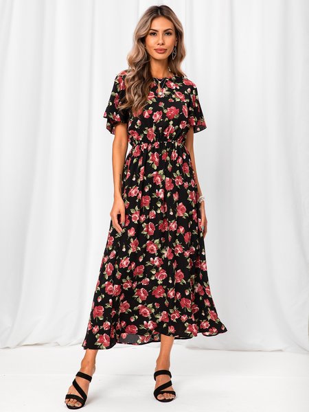 

Crew Neck Short Sleeve Floral Weaving Dress, As picture, Dresses