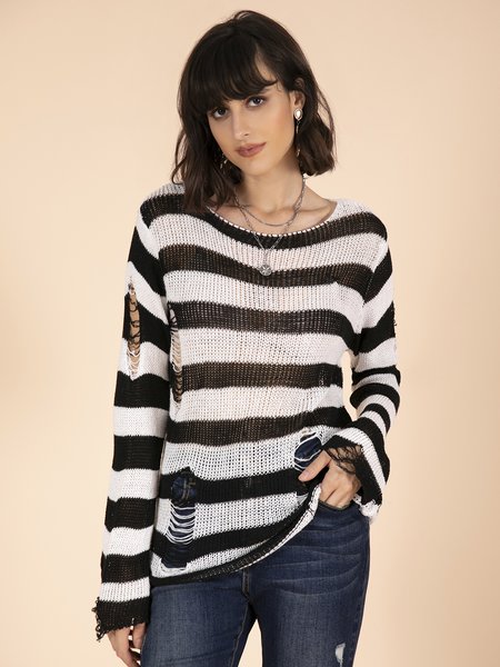 

Long sleeve loose stripe cut out sweater, Black-white, Sweaters