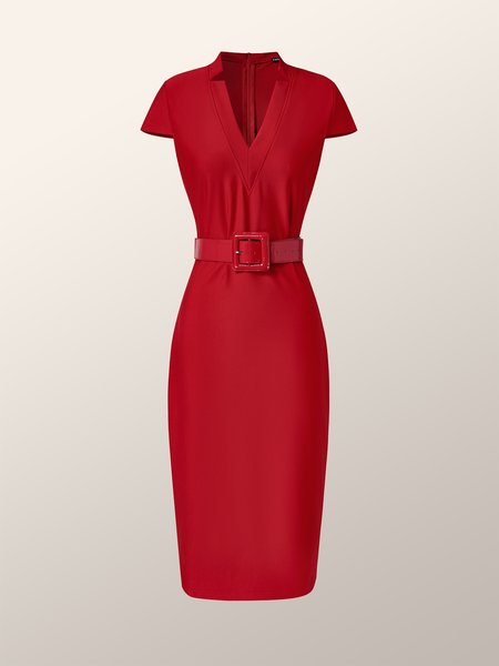

Elegant Short Sleeve Dress With Belt, Red, Midi Dresses