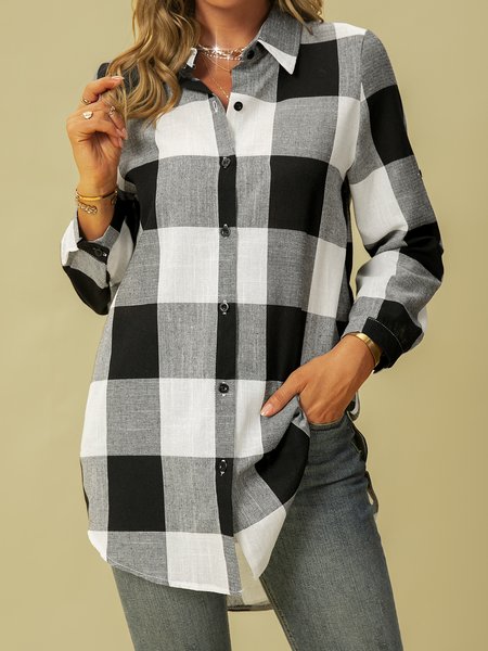 

Long Sleeve Plaid Shift Casual Shirts & Tops, Black-white, Blouses & Shirts