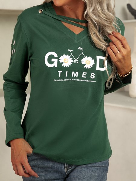 

Floral Vintage Cut-out Drawstring Long Sleeve Tops, Darkgreen, T-Shirts