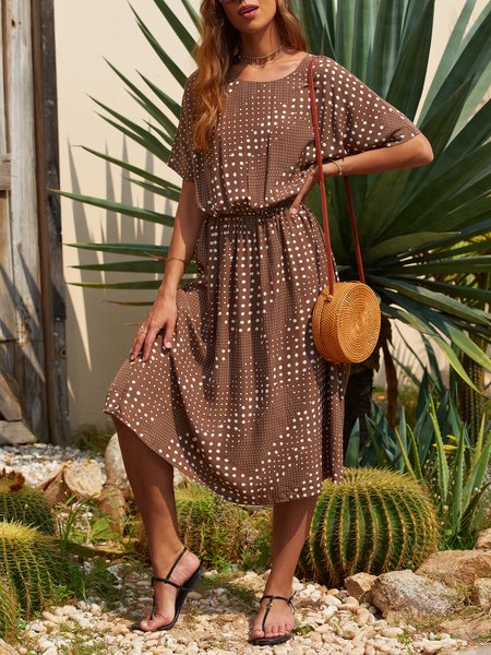 

Coffee Crew Neck Printed Holiday Polka Dots Dress, Maxi Dresses