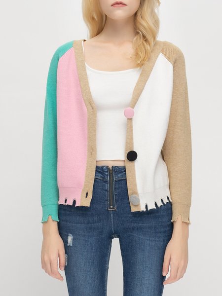

Casual V Neck Hollow Out Sweater, Pink-white, Cardigans