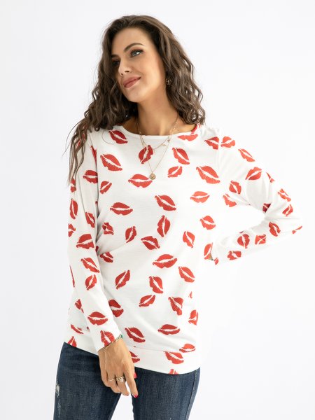 

Lip graffiti print casual loose round neck long sleeve T-shirt women's sweater, White-red, Long sleeve tops