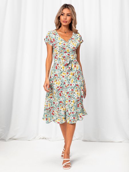 

Short Sleeve V Neck Sweet A-Line Weaving Dress, Lightblue, Dresses