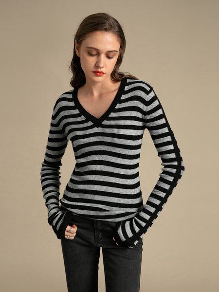 

Acrylic Long Sleeve Stripes Work Sweater, Black, Pullovers