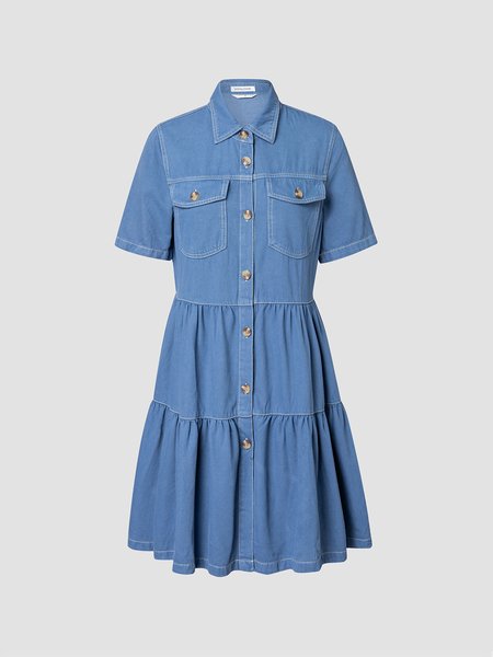 

Denim Daily Casual Shirt Collar Short Sleeve Buttoned Pockets A-line Weaving Dress, Deep blue, Women's Clothing