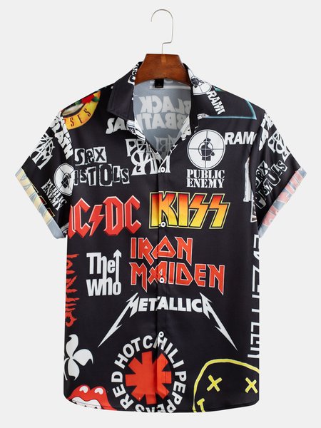 

Mens Rock and Roll Punk Print Lapel Casual Loose Short Sleeve Shirt, Black, Shirts ＆ Blouse