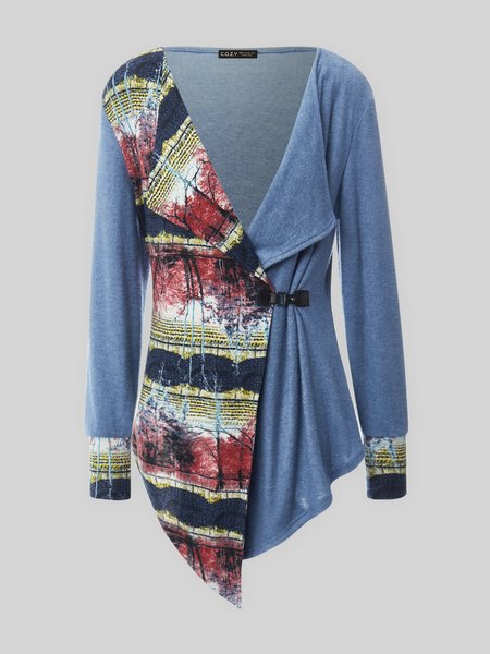 

V Neck Casual Paneled Shirts & Tops, Blue, Tops