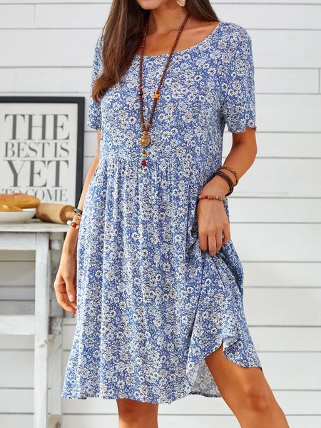 

Floral Vintage Casual Crew Neck Printed Short Sleeve Women Dress, Blue, Midi Dresses