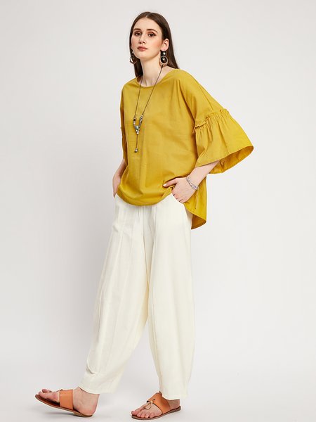 

Household Daily Vintage Crew Neck Plain Casual Shirts & Tops, Yellow, Shirts & Blouses