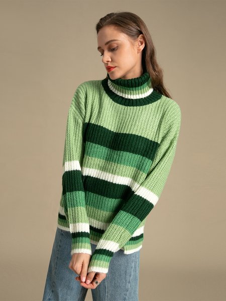 

Stripes Shift Casual High Neck Date Sweater, Green, Pullovers