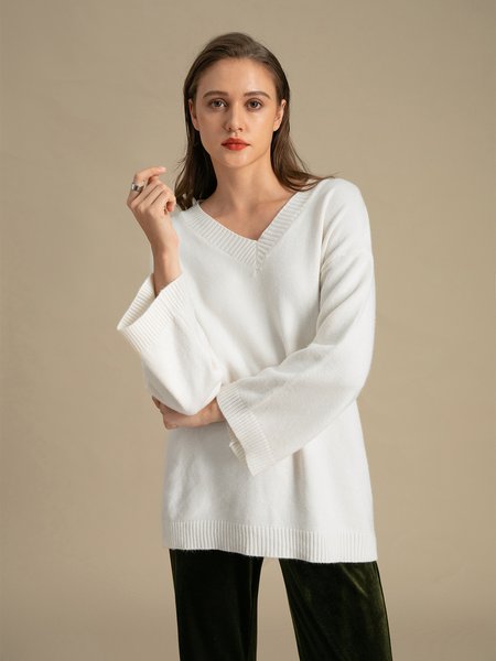 

Long Sleeve V Neck Plain Loosen Sweater, White, Pullovers