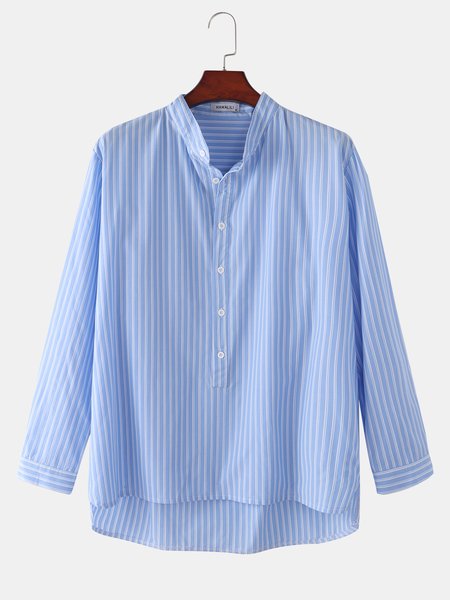 

Cotton-Blend Stand Collar Stripes Shirts & Tops, Blue, Men's shirts