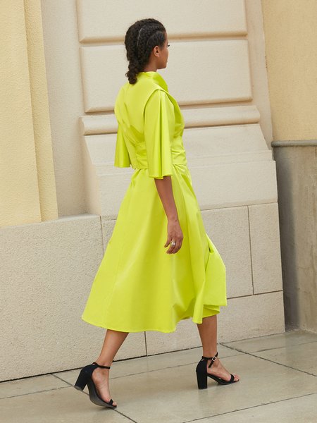 

Plain Stand Collar Elegant Midi Dress, Yellow, Midi Dresses