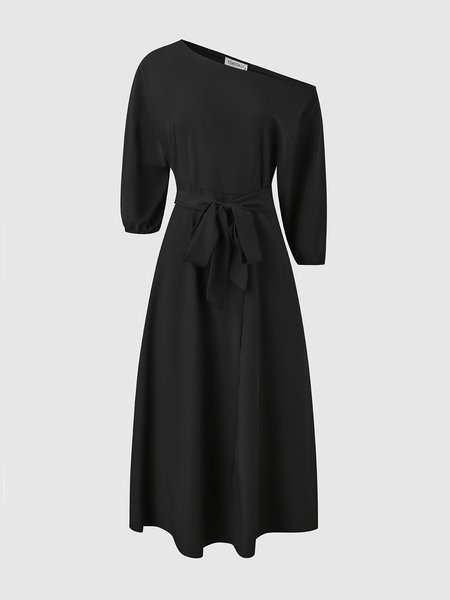 

Elegant Solid Weaving Dress, Black, Midi Dresses