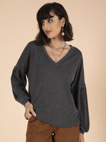 

Casual Daily Solid Long Sleeve V Neck T-Shirts & Tops, Gray, Long sleeve tops