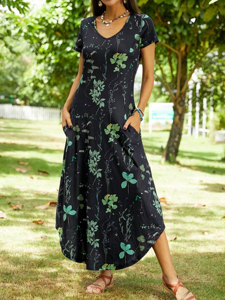 

Short Sleeve Cotton-Blend Casual Floral Knitting Dress, Black, Floral Dresses
