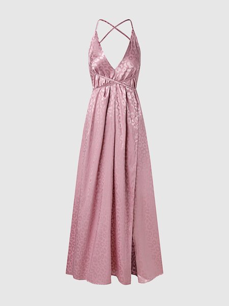 

V Neck Elegant Slim Fit Weaving Dress, Pink, Maxi Dresses
