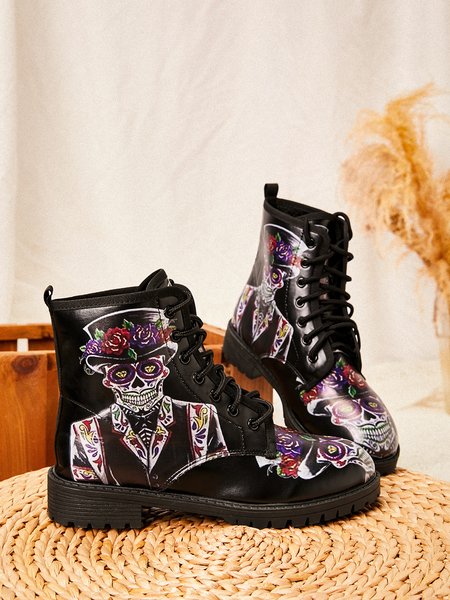 

Halloween Skull Rose Martin Boots, As picture, Boots