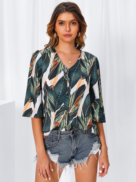 

V Neck Floral-Print Shift Half Sleeve Blouse, Green, Tops