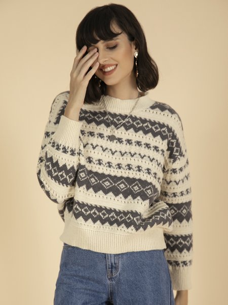 

Casual Crew Neck Geometric Acrylic Sweater, Black, Sweaters