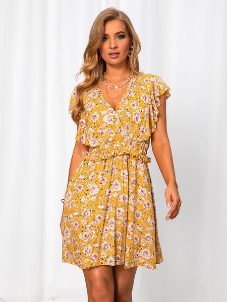 

Sweet Polyester Fibre A-Line V Neck Weaving Dress, Yellow, Dresses