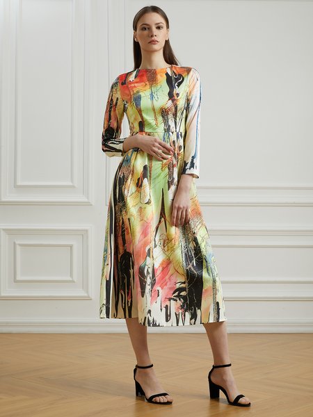 

Date Holiday Daily Regular Fit Round Neck Painted Dress, As picture, Dresses