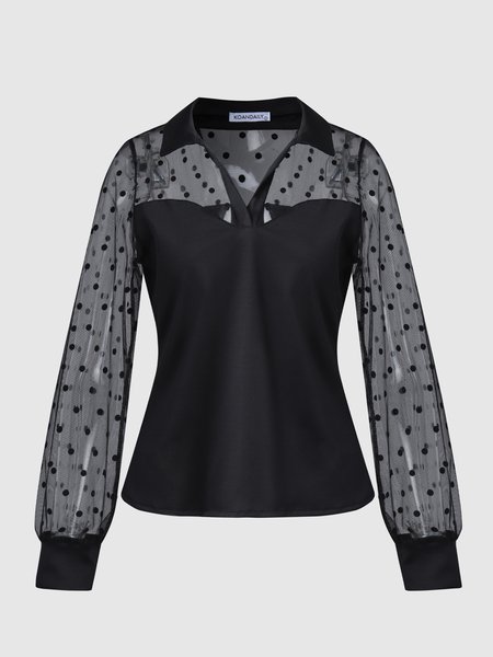 

Lapel Polka Dots Fitted Shirt & Top, Black, Tops