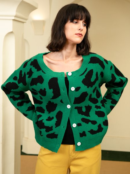 

Leopard Casual Long Sleeve Crew Neck Sweater, As picture, Cardigans