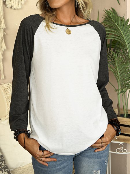 

Basic Casual Color-Block Jersey Raglan Sleeve Shift Shirts & Tops, White, Tees & T-shirts