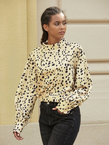 

Balloon Sleeve Stand Collar Polka Dots Printed Top, As picture, Blouses and Shirts