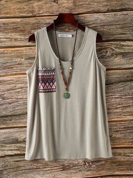 

Tribal Pastoral Crew Neck Cotton Tanks & Camis, Green, Tanks & Camis