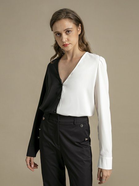 

Solid V Neck Work Long Sleeve Top, White-black, Blouses and Shirts