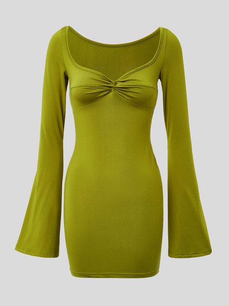 

Flare Sleeve Vacation Solid Knitting Dress, Green, Mini Dresses