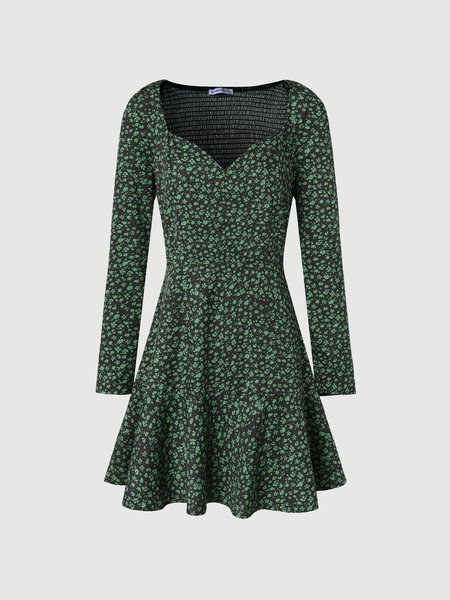 

Puff Sleeve Floral Dress, Green, Mini Dresses