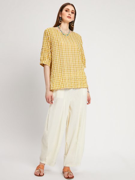 

Casual Household Daily Vintage Cotton Blends Loosen Shirts & Tops, Yellow, Long sleeve tops