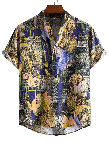

Men's National Style Short Sleeve Casual Loose Shirt, Blue, Men's shirts