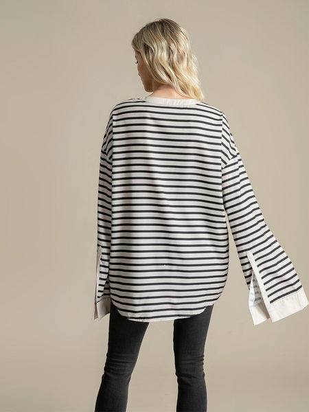 

Stripes Shift Long Sleeve Casual Top, As picture, Blouses and Shirts