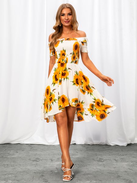 

Short Sleeve Off Shoulder Floral Sweet Weaving Dress, White, Dresses
