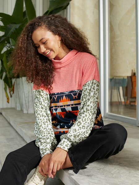 

Cowl Neck Paneled Shift Casual Tribal Sweatshirt, Pink, Sweatshirts & Hoodies