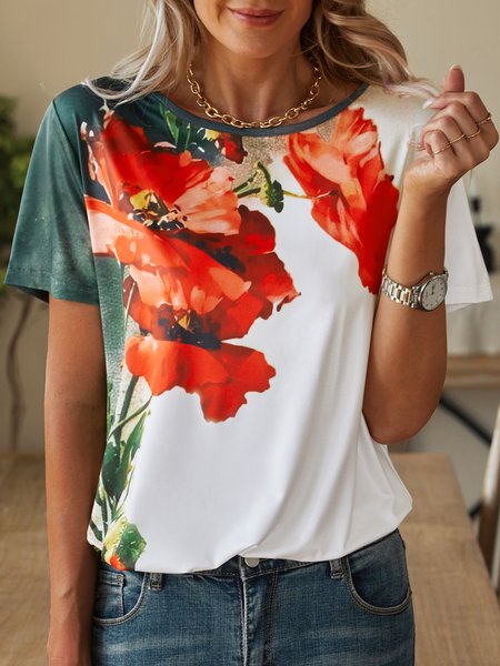 

Floral Crew Neck Casual Short Sleeve T-Shirt, As picture, T-shirts
