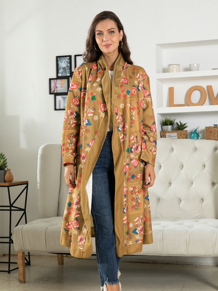 

Cotton blended long sleeve printed casual holiday cardigan, Coffee, Cardigans