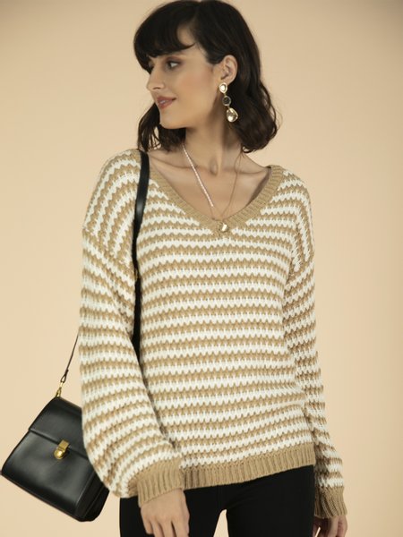 

Casual Striped Acrylic Long Sleeve Loose V Neck Sweater, Khaki, Sweaters