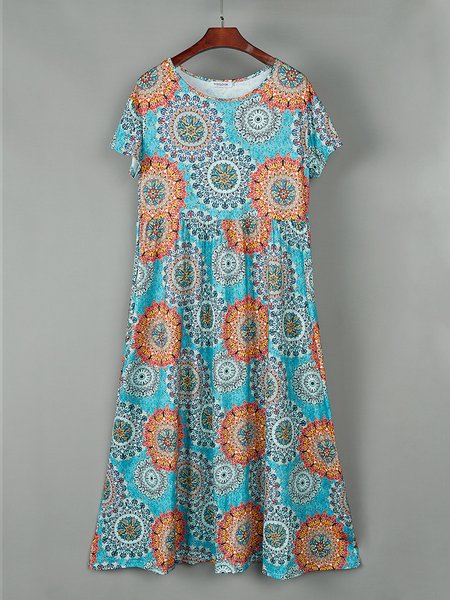 

Geometric Cotton Short Sleeve Weaving Dress, Blue, Boho dresses