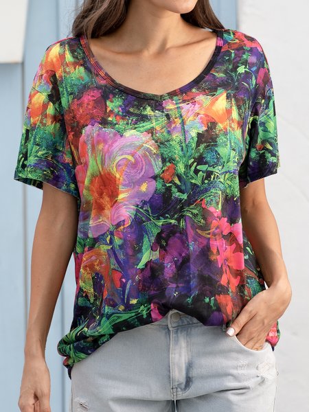 

Negative Film Flower Painting Print V-Neck Casual T-shirt, Multicolor, T-Shirts