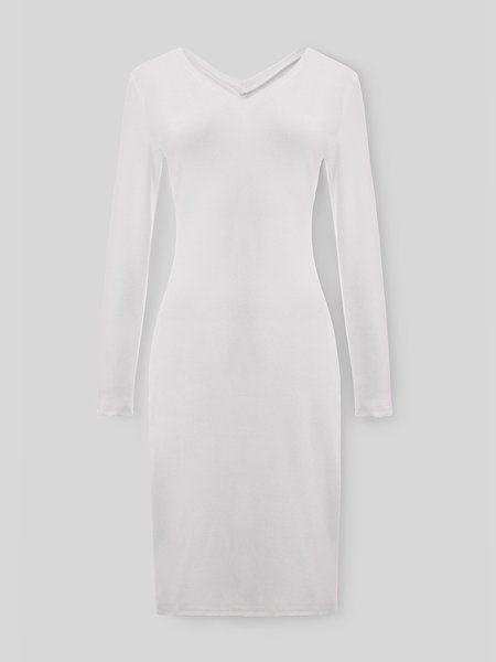 

Plain Shift Long Sleeve V Neck Dresses, Off white, Dresses